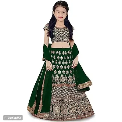 ClothesShop Girl's Embroidered Taffeta Satin Lehenga Choli (Green, 10-11 Years)