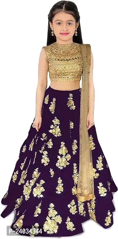 Clothesshop Girl's Taffeta Satin Semi stitched Lehenga Choli (CS_K_Gold_Rose_Purple_8-9 Years)