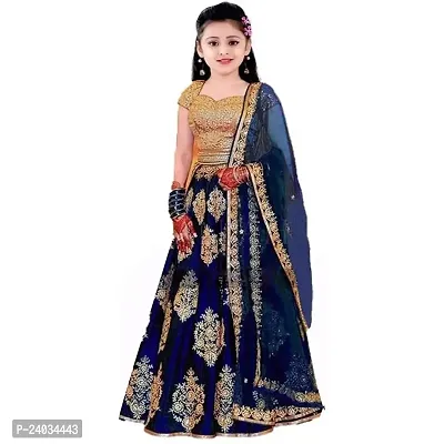 Clothes Shop Blue Taffeta Satin Heavy Work Kids Girls Traditional Semi Stitched lehenga Choli_(Size Range 8-13 Years Girls)-thumb0