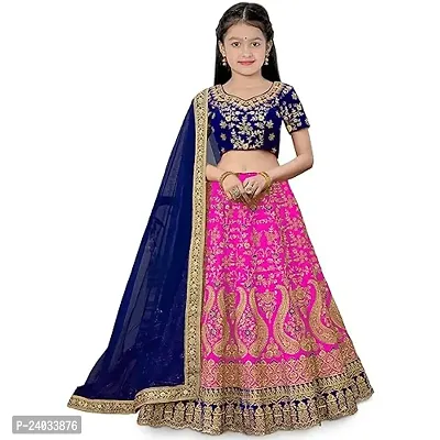 ClothesShop Girl's Taffeta Satin Semi-stitched Lehenga Choli Set-thumb0