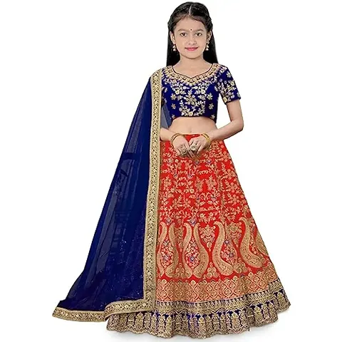 ClothesShop Girl's Taffeta Satin Semi-stitched Lehenga Choli Set