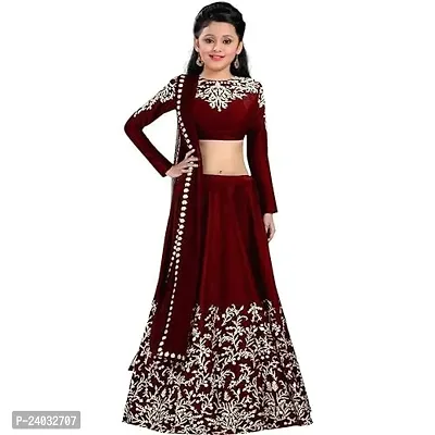 ClothesShop Girl's Taffeta Satin Heavy Embroidered Semi-Stitched Lehenga Choli (3-8 Years)-thumb0