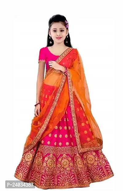 Clothesshop Girl's Satin Heavy Embroidered Semi-stitched Lehenga Choli (Pink and Orange, 8-12 Years)