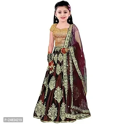 Clothes Shop Maroon Color Taffeta Satin Kids Girls Wedding Wear Semi Stitched Lehenga Choli_Suitable To 8-13 Years Girls