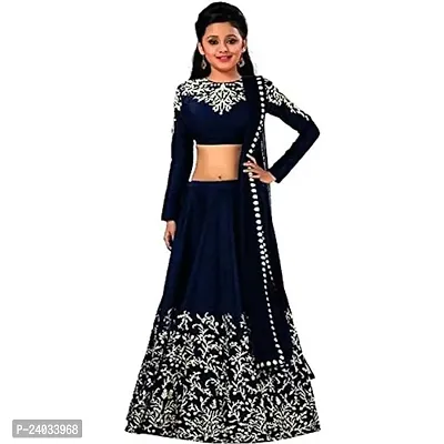 ClothesShop Girl's Taffeta Satin Heavy Embroidered Semi-Stitched Kids Lehenga Chol (5-6 Years, Blue)