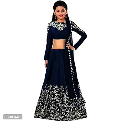 ClothesShop Girl's Taffeta Satin Heavy Embroidered Semi-Stitched Kids Lehenga Chol (6-7 Years, Blue)