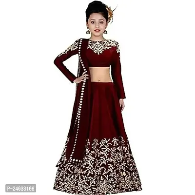 ClothesShop Girl's Taffeta Satin Semi-stitched Lehenga Choli-thumb0