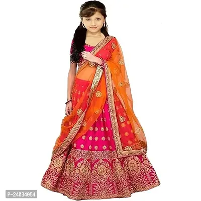 Clothes Shop Pink Taffeta Satin Heavy Work Kids Girls Traditional Semi Stitched Lehenga Choli_(It's 8-13 Years Girls)_Free Size.