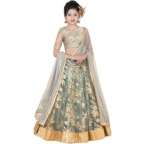 Femisha Creation Girls Net With Satin Flower Embroidered Lehenga Choli (6-7 Years, Grey)