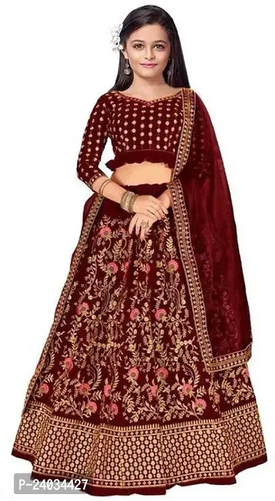 ClothesShop Girls Silk Semi Stitched Lehenga Choli (6-7 Years, Maroon)