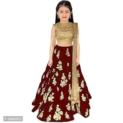 ClothesShop Girl's Taffeta Satin Semi-Stitched Lehenga Choli-thumb0