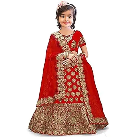 ClothesShop Girl's Taffeta Satin Embroidered Semi-Stitched Lehenga Choli