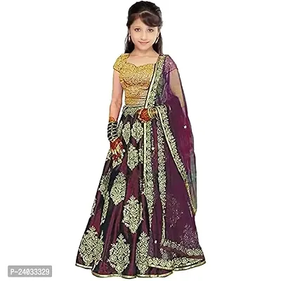 ClothesShop Multi olor Taffeta Satin Embroidered Kids Girls Traditional Semi Stitched Lehenga choli_(It's 3-8 Years Girls)