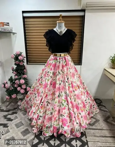 Girls Pink Flower Printed Western Full Stitched Lehenga Choli