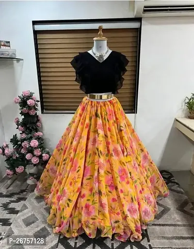 Girls Yellow Flower Printed Full Stitched Haldi Outfit