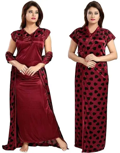 Chiyalifestyle Women's Satin Solid Maxi Nighty (set of 2) Pack of 1