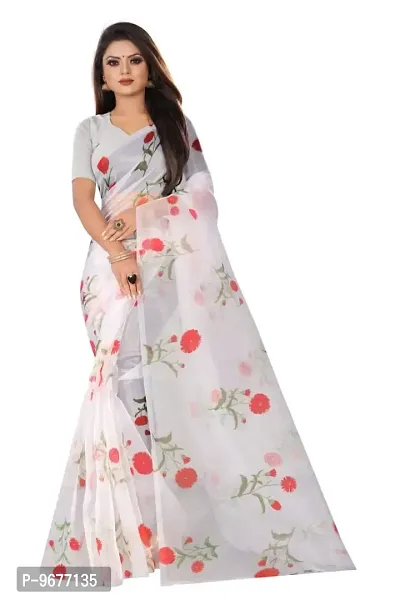 BHAKHAR FAB Women's Heavy Moss Organza with Complete Digital Print Saree with Blouse Piece (GF-1874, Off-White Red)