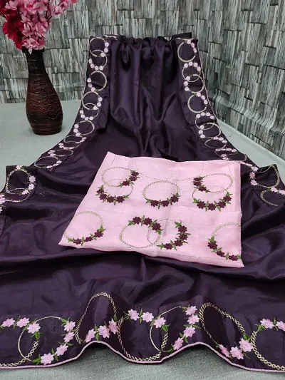 Beautiful Embroidered Silk Blend Sarees With Blouse Piece