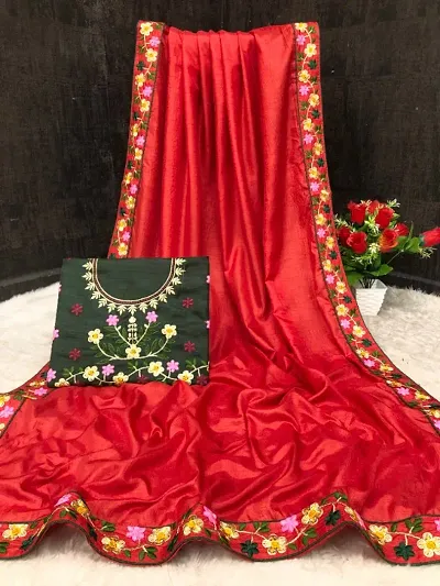 Silk Blend Embroidered Lace Border Sarees with Blouse piece