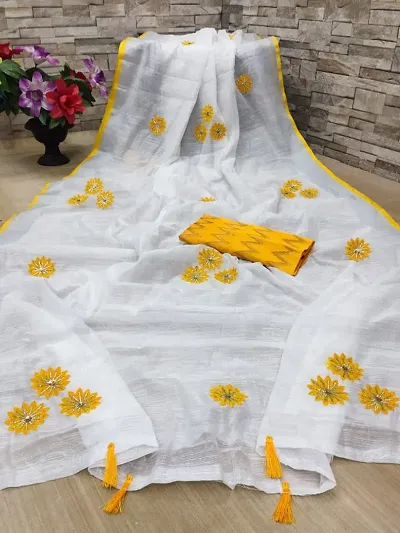Stylish Cotton Linen Saree with Banarasi Silk Blouse piece