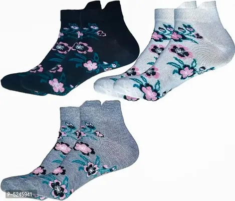 Women's Floral Design Sports Ankle Socks Pack of 3 Pairs-thumb0