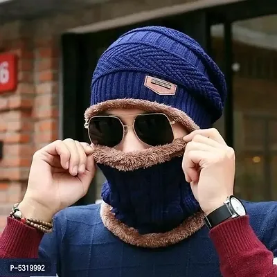 Ultra Soft Unisex Woolen Beanie Cap + Neck Scarf Set - Warm, Snow Proof-thumb0