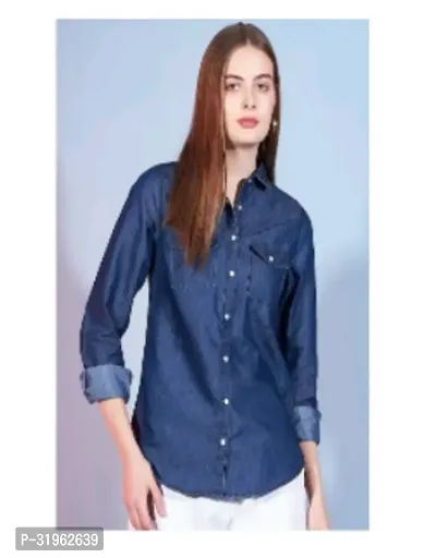 Elegant Blue Denim Solid Shirt For Women