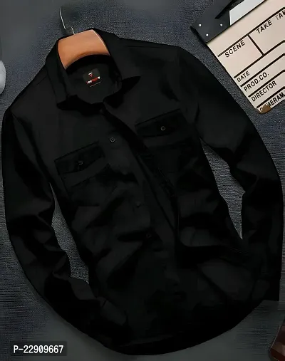 Reliable Black Cotton Solid Long Sleeves Casual Shirts For Men-thumb0