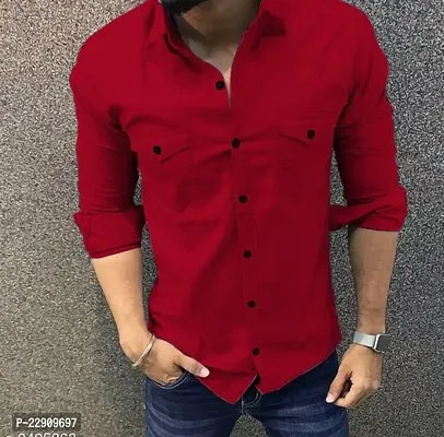 Reliable Red Cotton Solid Long Sleeves Casual Shirts For Men-thumb0