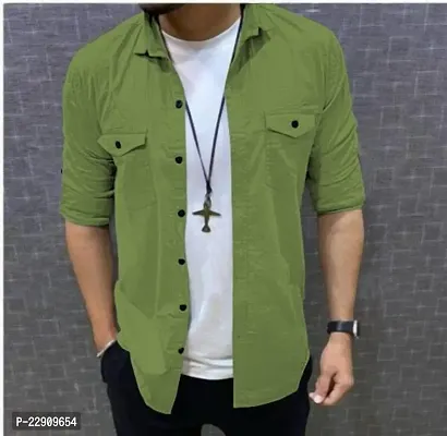 Reliable Green Cotton Solid Long Sleeves Casual Shirts For Men-thumb0