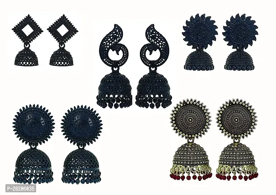 Oxidize Black Earring Jhumka Set Combo For Women Girls Fashion (Pack Of 5 Pair)-thumb0