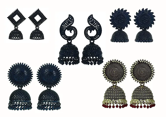 Oxidize Black Earring Jhumka Set Combo For Women Girls Fashion (Pack Of 5 Pair)