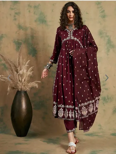 Stylish A-Line Printed Rayon Kurta with Bottom and Dupatta Set