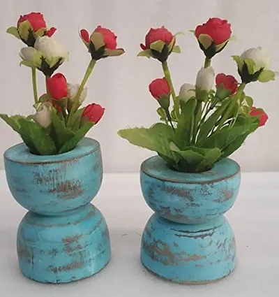 onlinecraft Wooden Flower Pot Gola Blue Color Plant Container Set (Wood) ch26