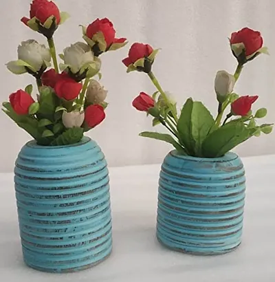 onlinecraft Wooden Flower Pot Gola Blue Color Plant Container Set (Wood) ch08