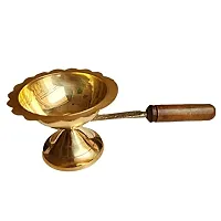 PujaSamadhaan Pure Brass Dhoop Diya Dhoop Dani Kapoor Aarti Lamp | Dhoop Stand with Wooden Handle (20 X 10 X 7 cm)-thumb1