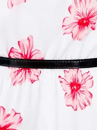 Femninora White Color Flower Print A Line Dress with Black Belt-thumb4