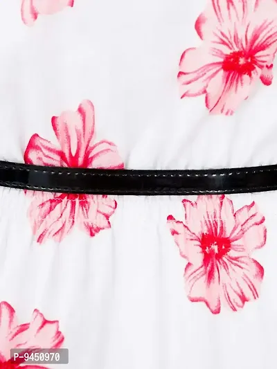 Femninora White Color Flower Print A Line Dress with Black Belt-thumb5