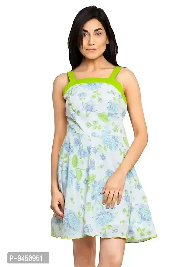 Femninora Green Color Printed Dress with Green Stripe-thumb0