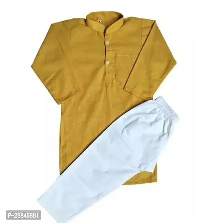 Stylish Cotton Solid Yellow Kurta With White Pajama For Boys