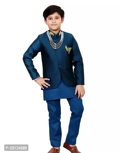 Stylish Navy Blue Cotton Blend Kurta Sets For Boys-thumb0