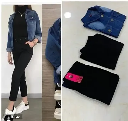 Stylish Fancy Denim Jacket With Lycra Top And Leggings For Women