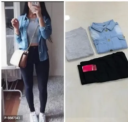 Stylish Fancy Denim Jacket With Lycra Top And Leggings For Women