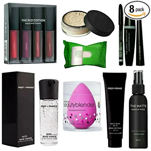 Combo Kit Lipstick, Face Powder, 3 IN 1, Facial Wipes, Blender, Primer, Prep + Prime BB Beauty Balm Cream With Fixer (Set Of 8).