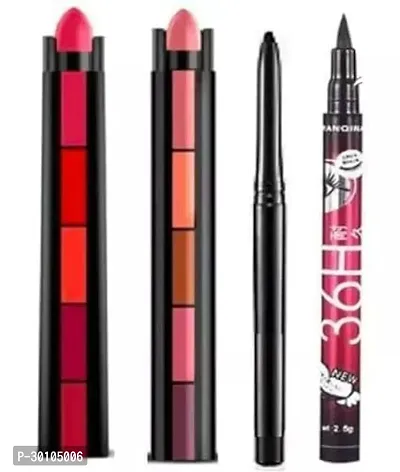 Combo of 2 Fabulous Matte Shades Lipstick 5 in 1, (Red + Nude) Edition Lipstick Set, 7.5g Each with 36H Eyeliner and 1 Kajal Pencil - (Pack of 4)-thumb0