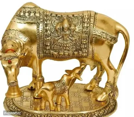 Classic Oxidized Golden Metal Kamdhenu Cow Calf With Krishna For Home Decorative Showpiece-thumb0