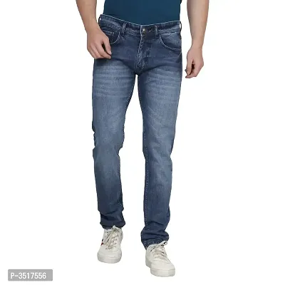 Men's Slim Fit Faded Cotton Blend Blue Mid Rise Jeans-thumb0
