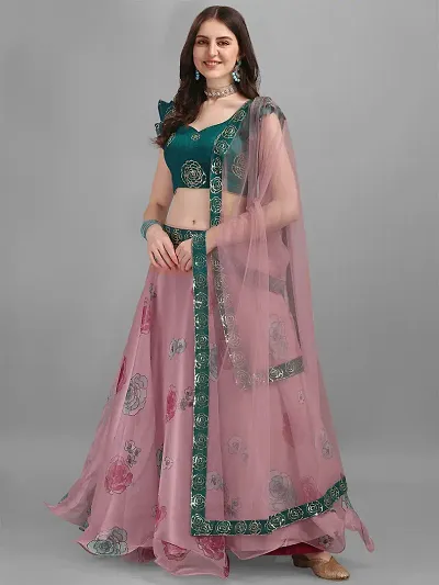 Anara Women's Organza Printed & Jari Sequence Work Semi-Stitched Pink Lehenga Choli (L8209-Pink)