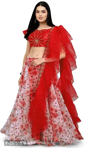 Stylish Red Organza Lehenga Choli Set For Women