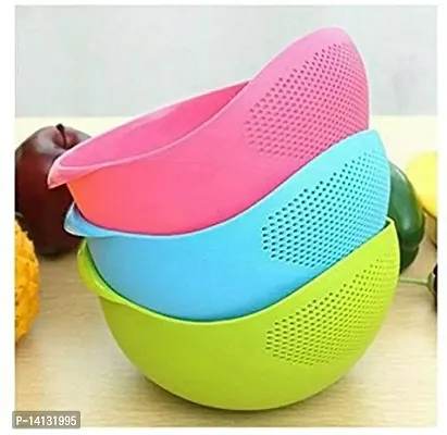 Kitchen Rice Bowl Plastic Fruit Bowl Thick Drain Basket With Handle Washing Basket For Home Kitchen Supplies -Pack Of 3